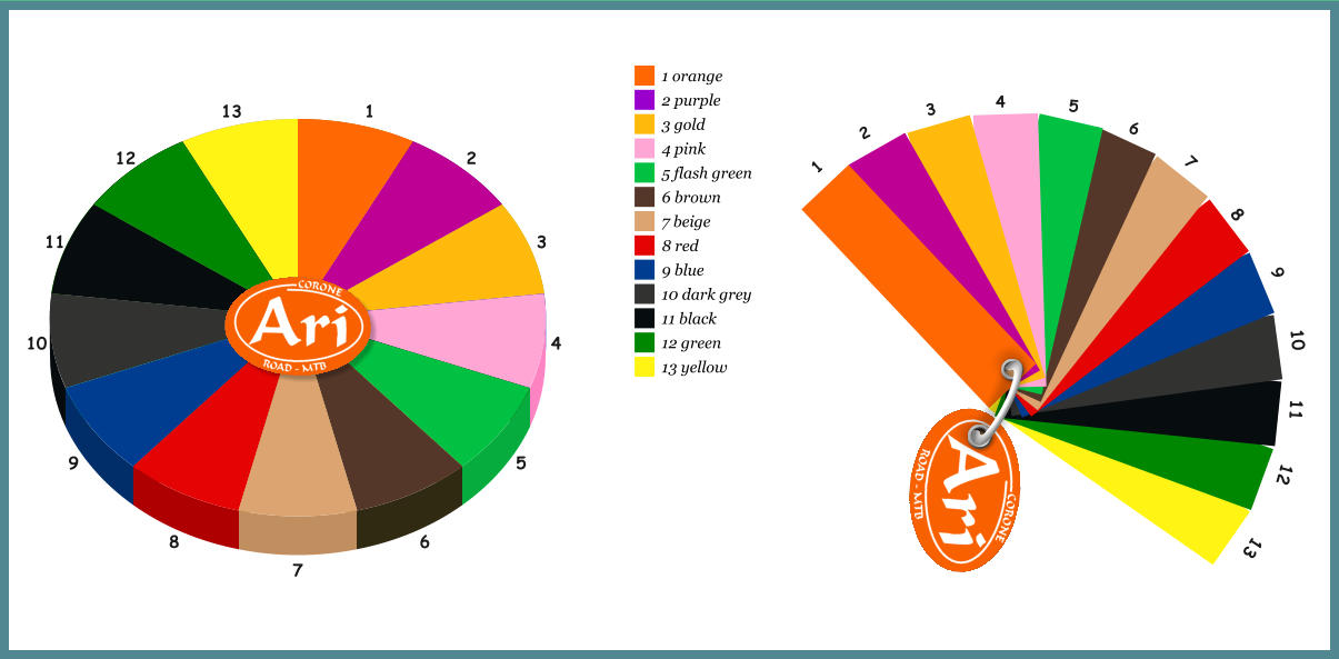 1 orange 2 purple 3 gold 4 pink 5 flash green 6 brown 7 beige 8 red 9 blue 10 dark grey 11 black 12 green 13 yellow 7 1 2 3 4 5 6 8 9 10 11 12 13 1 2 3 4 5 6 7 8 9 10 11 12 13